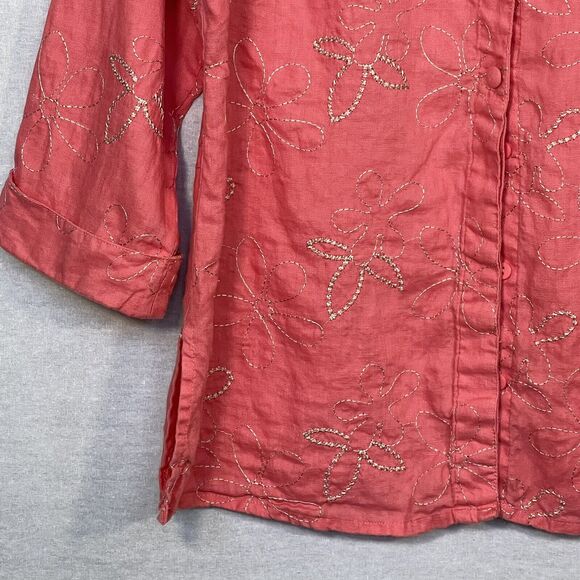 Tweeds Linen Henley Button-Up Shirt Women Size 1X Pink Floral Embroidery - Picture 7 of 13